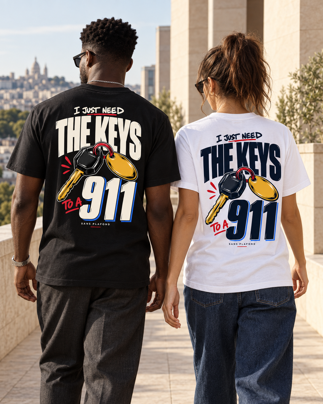 I JUST NEED THE KEYS TO A 911 — t-shirts noir et blanc portés de dos — visuel de présentation