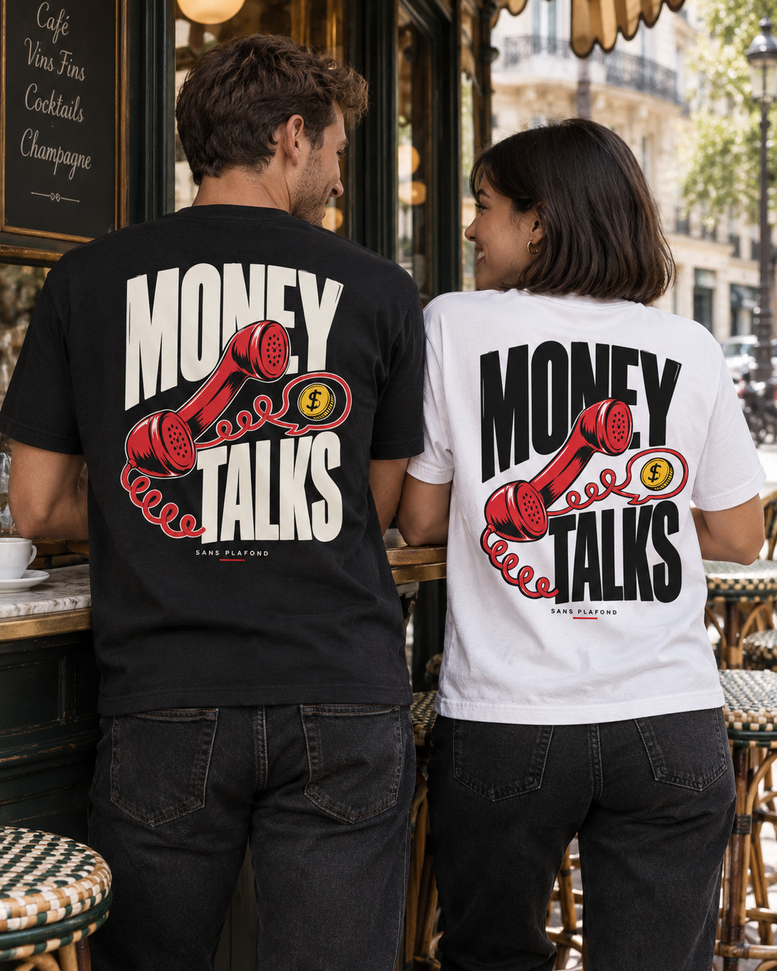 MONEY TALKS — mise en scène portée, vue de dos noir et blanc — visuel de présentation SANS PLAFOND