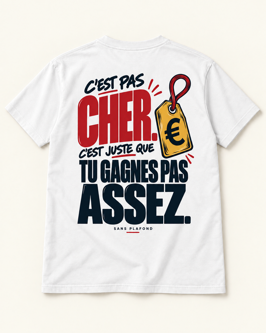 T-shirt C’EST PAS CHER blanc — motif au dos — visuel de présentation