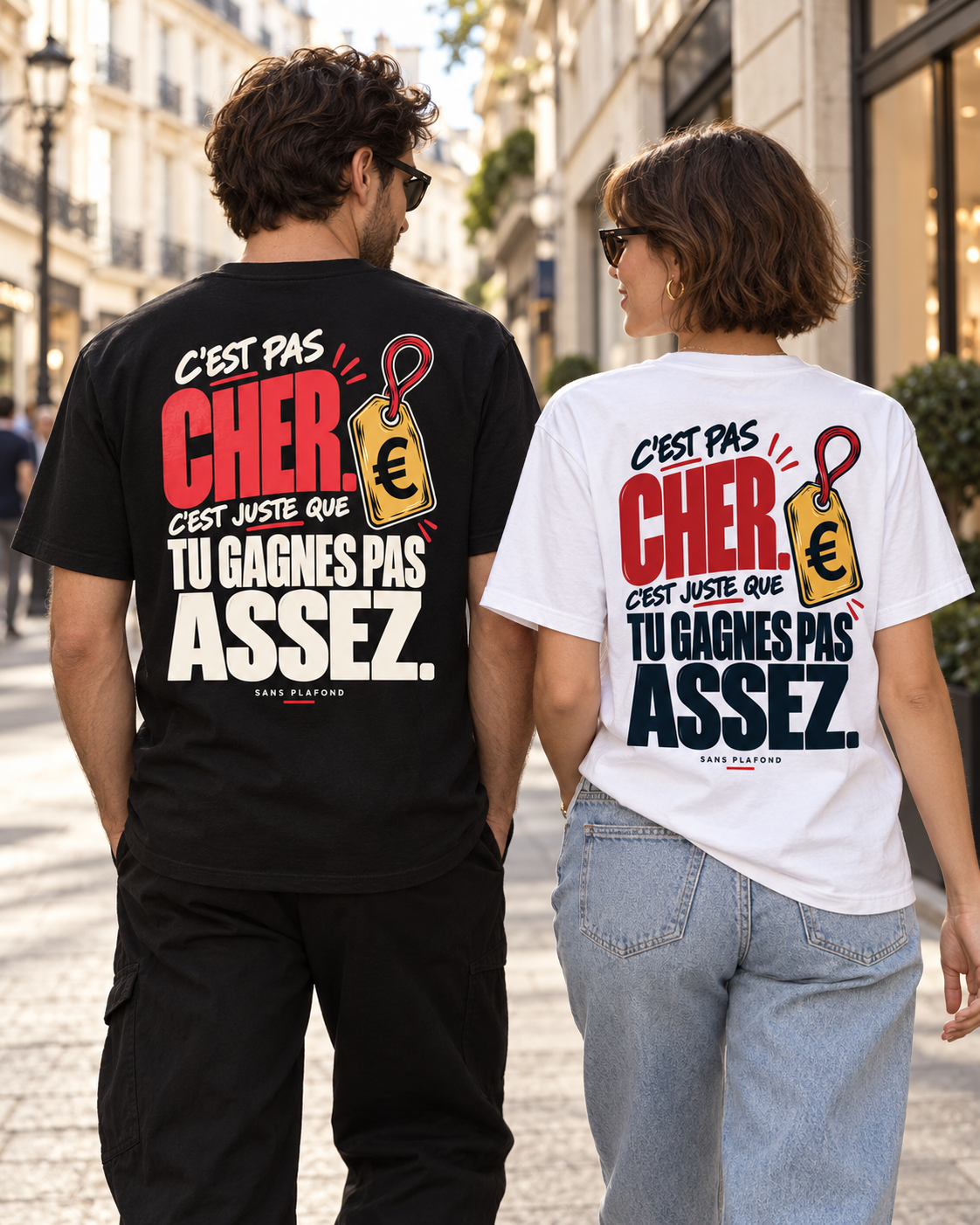 C’EST PAS CHER — t-shirts noir et blanc portés de dos — visuel de présentation