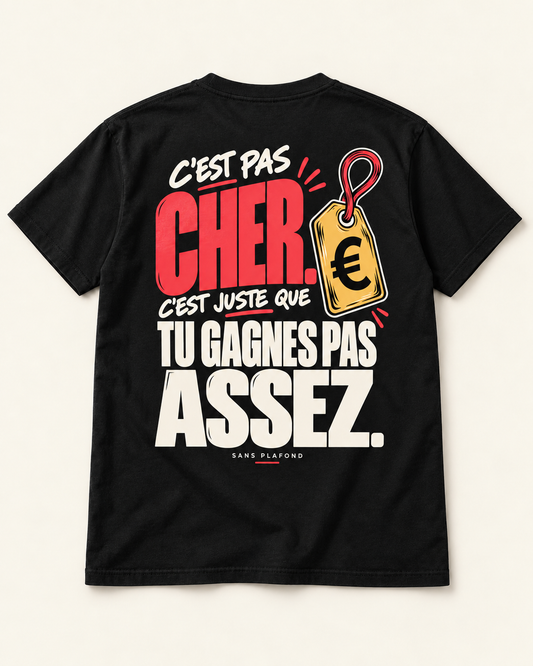 T-shirt C’EST PAS CHER noir — motif au dos — visuel de présentation