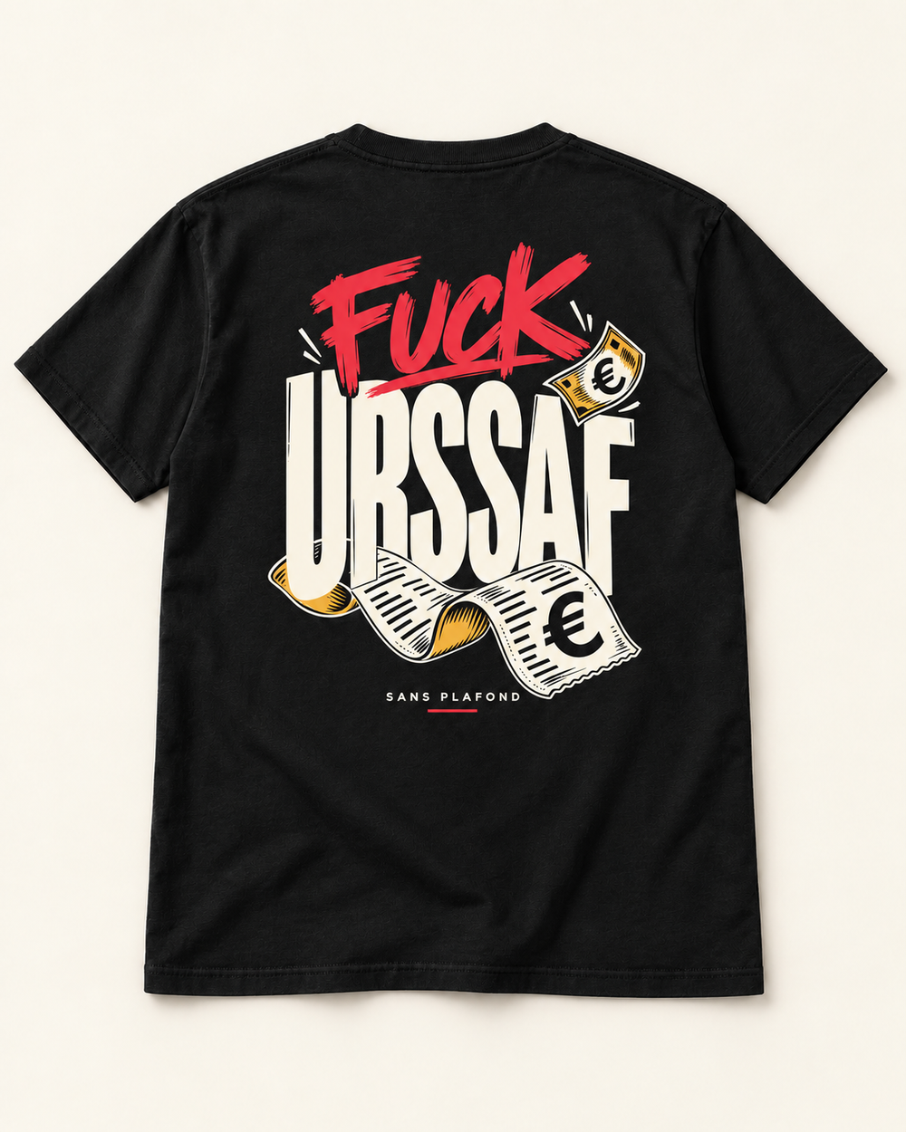 FUCK URSSAF — t-shirt noir, motif au dos — visuel de présentation SANS PLAFOND