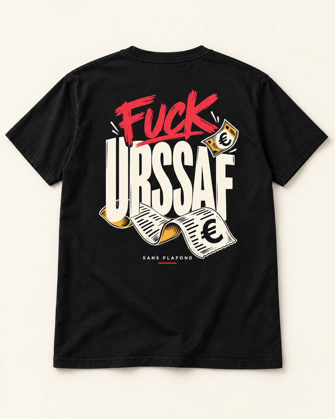 FUCK URSSAF — t-shirt noir, motif au dos — visuel de présentation SANS PLAFOND