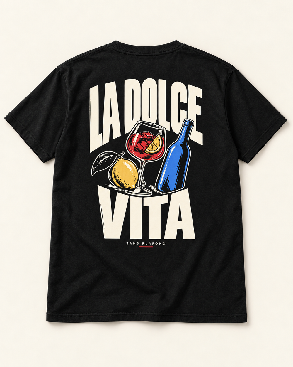 LA DOLCE VITA — t-shirt noir, motif au dos — visuel de présentation SANS PLAFOND