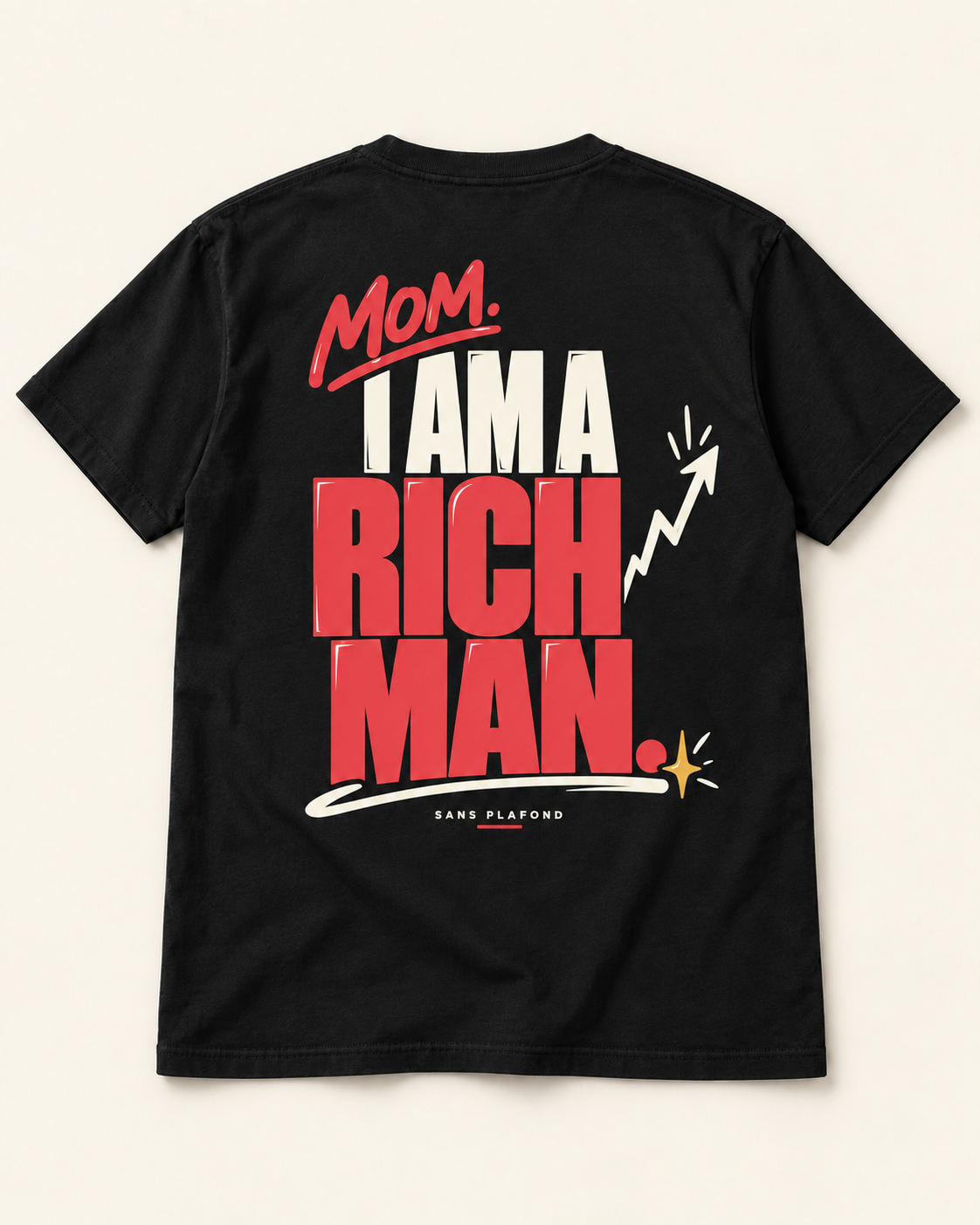 T-shirt MOM. I AM A RICH MAN. noir — motif au dos — visuel de présentation