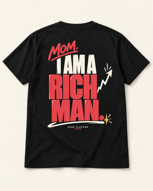T-shirt MOM. I AM A RICH MAN. noir — motif au dos — visuel de présentation