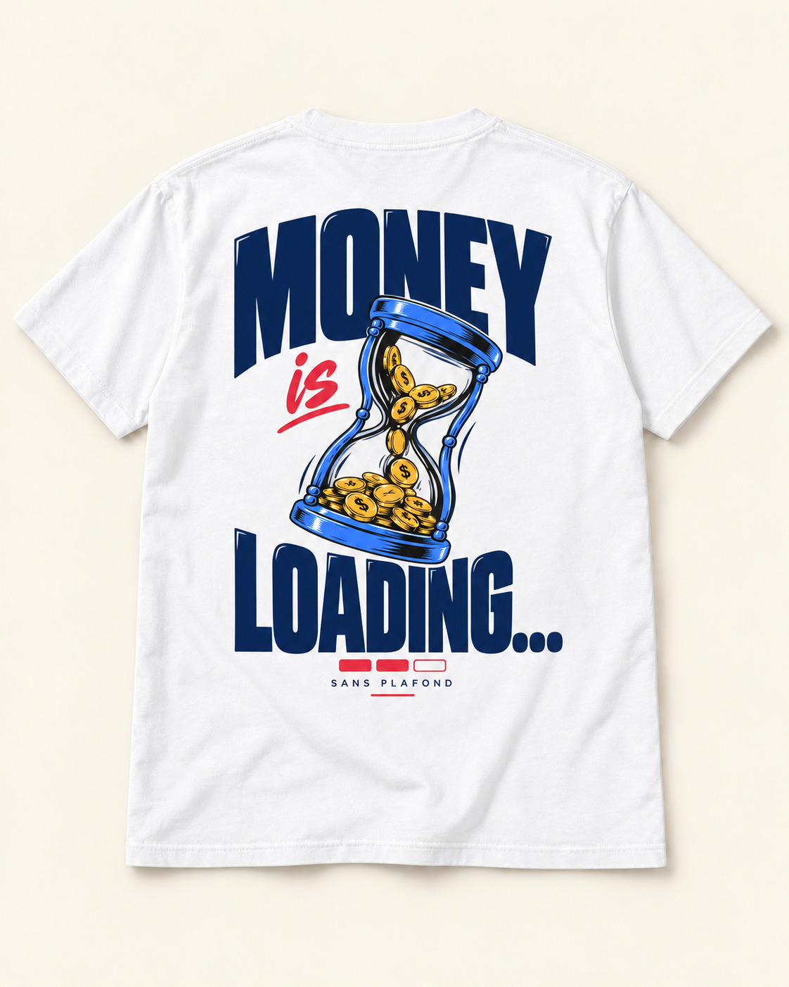 T-shirt MONEY IS LOADING blanc — motif au dos — visuel de présentation
