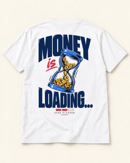 T-shirt MONEY IS LOADING blanc — motif au dos — visuel de présentation