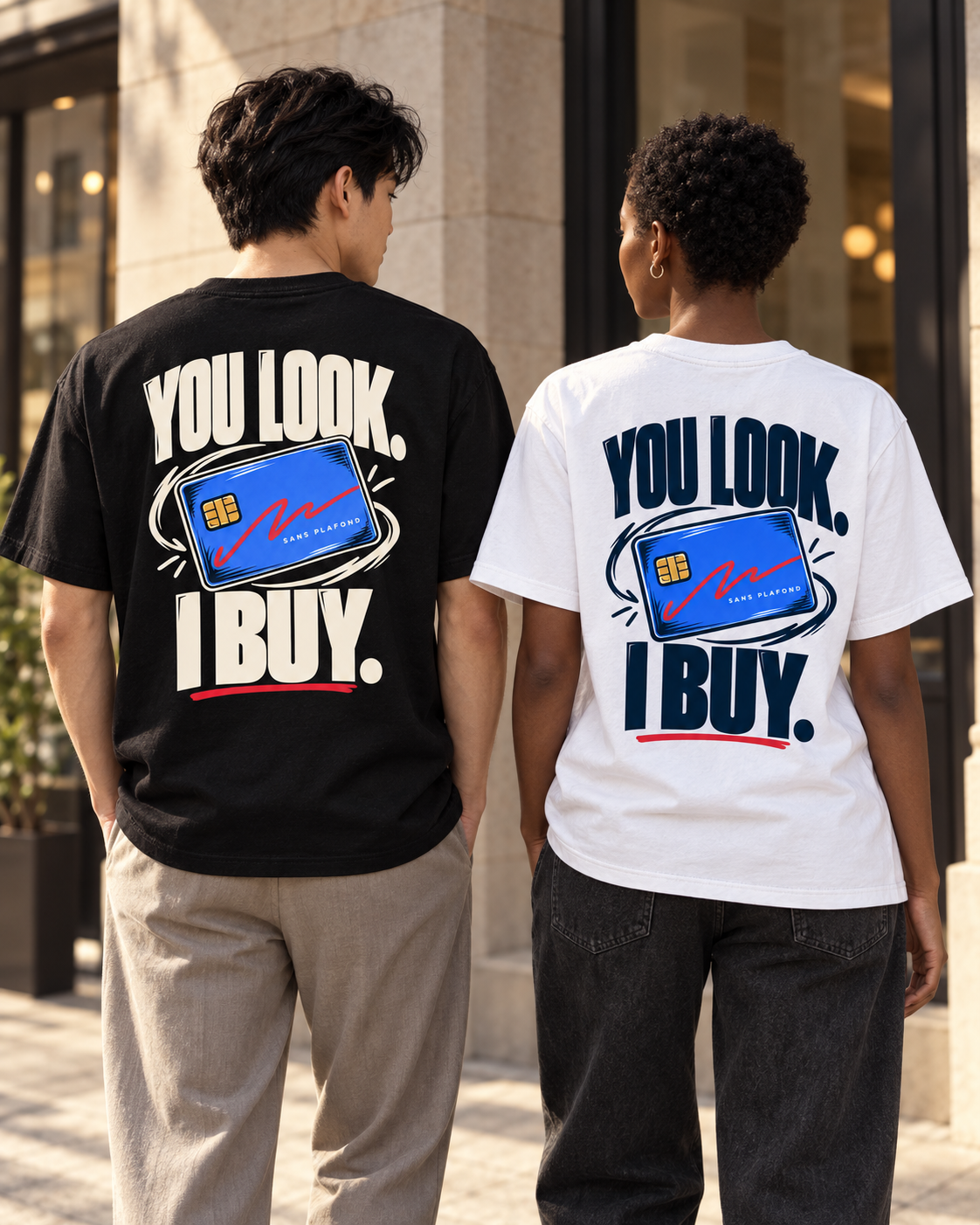 YOU LOOK. I BUY. — t-shirts noir et blanc portés de dos — visuel de présentation