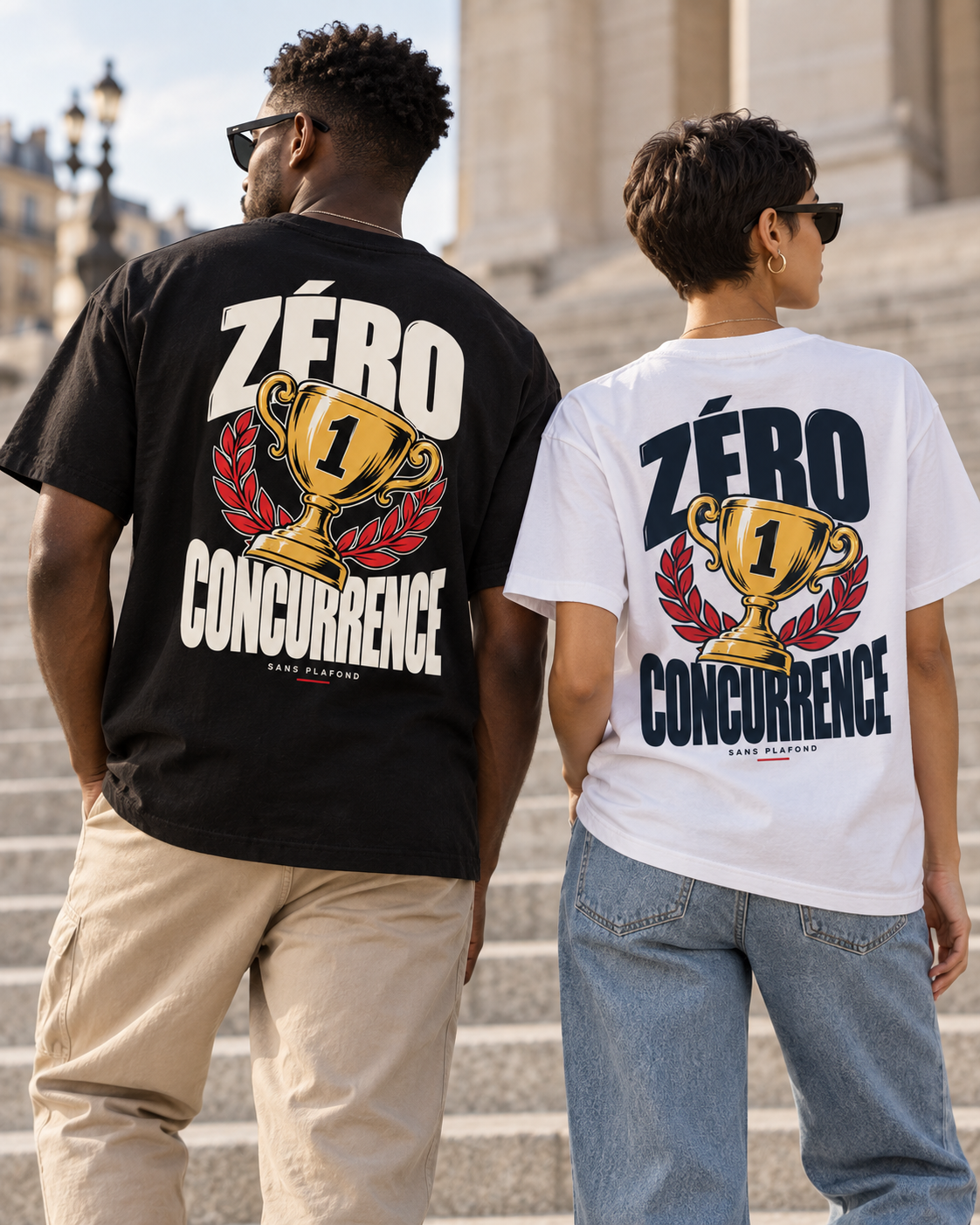 ZÉRO CONCURRENCE — t-shirts noir et blanc portés de dos — visuel de présentation