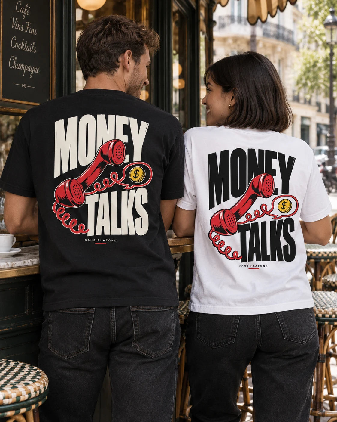 T-shirts Money Talks noir et blanc portés de dos — visuel de présentation